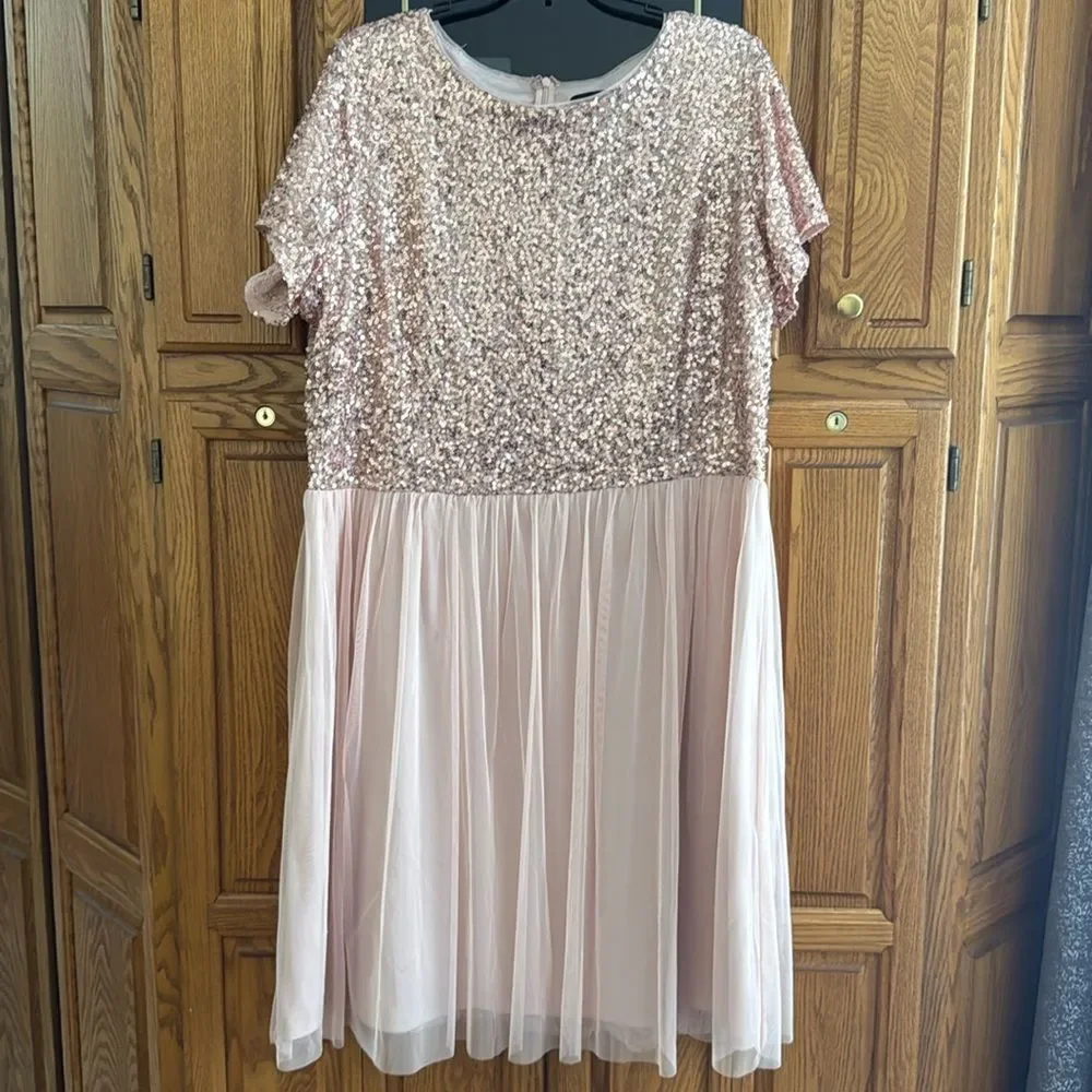 Marina Women’s Dusty Pink Short Sleeve Sequined Tulle Dress - Picture 1 of 8